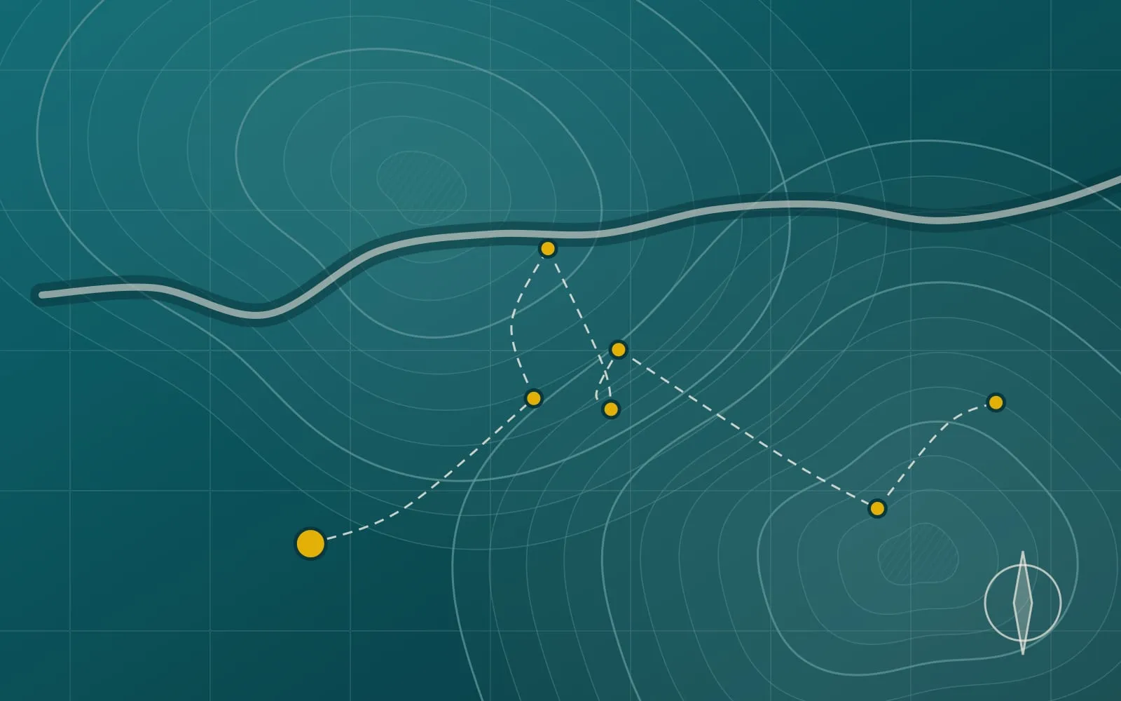 Ilustração abstrata no estilo de um mapa topográfico, com curvas de nível, um rio, uma grade de coordenadas e pontos dourados ligados por linhas