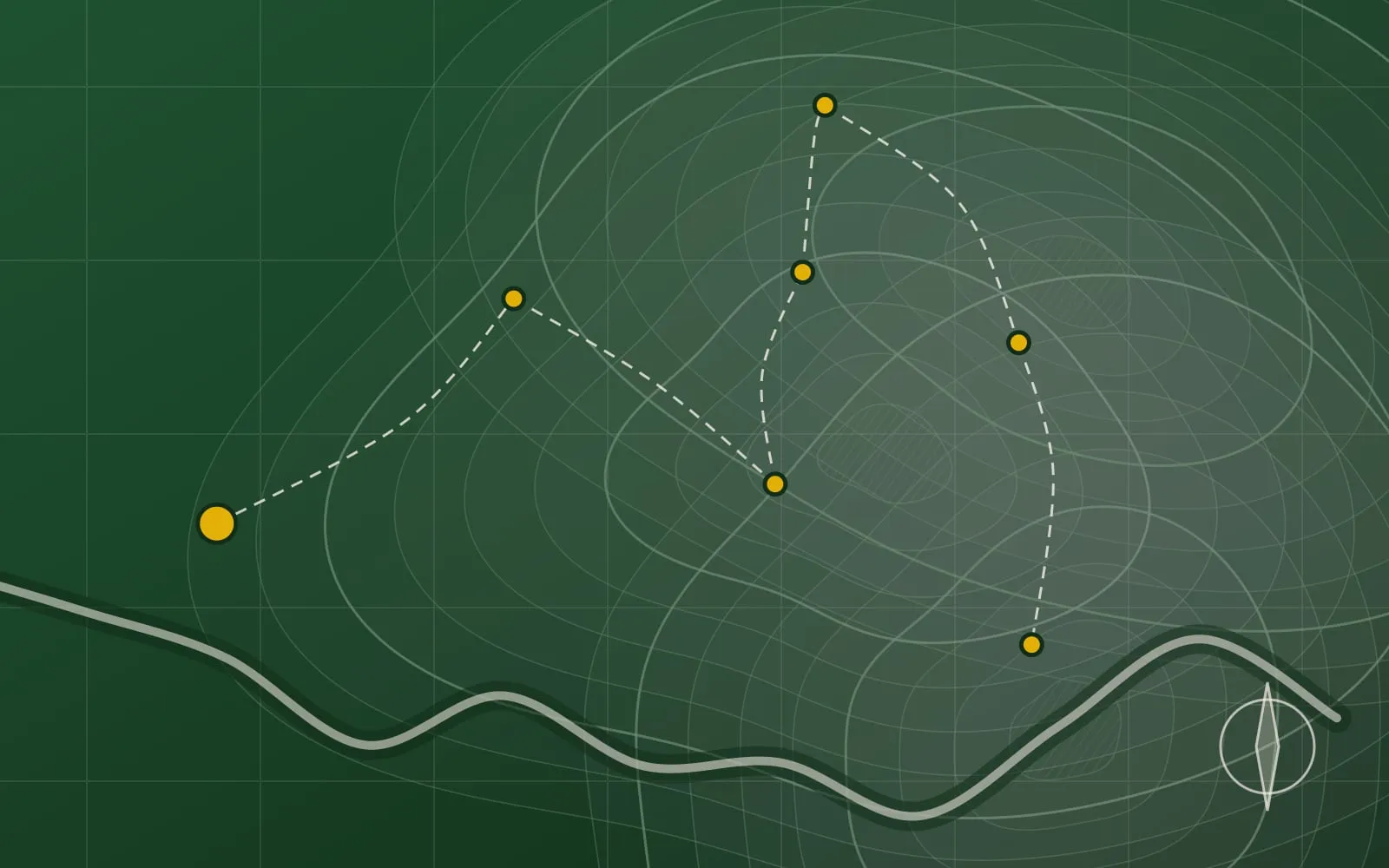 Ilustração abstrata no estilo de um mapa topográfico, com curvas de nível, um rio, uma grade de coordenadas e pontos dourados ligados por linhas