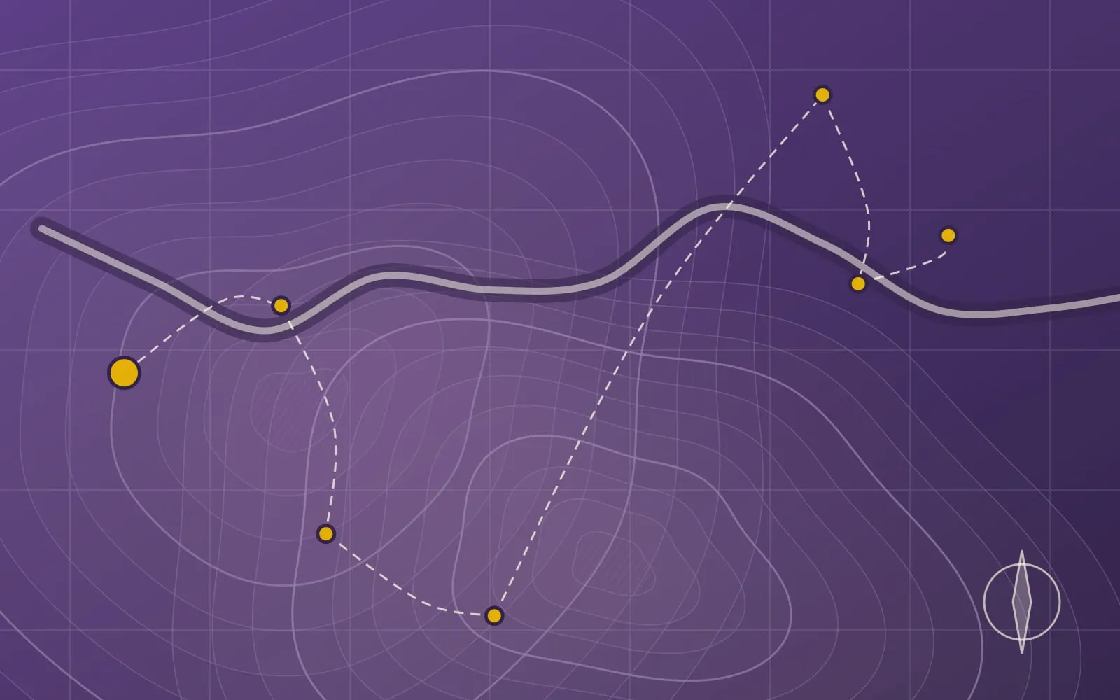 Ilustração abstrata no estilo de um mapa topográfico, com curvas de nível, um rio, uma grade de coordenadas e pontos dourados ligados por linhas