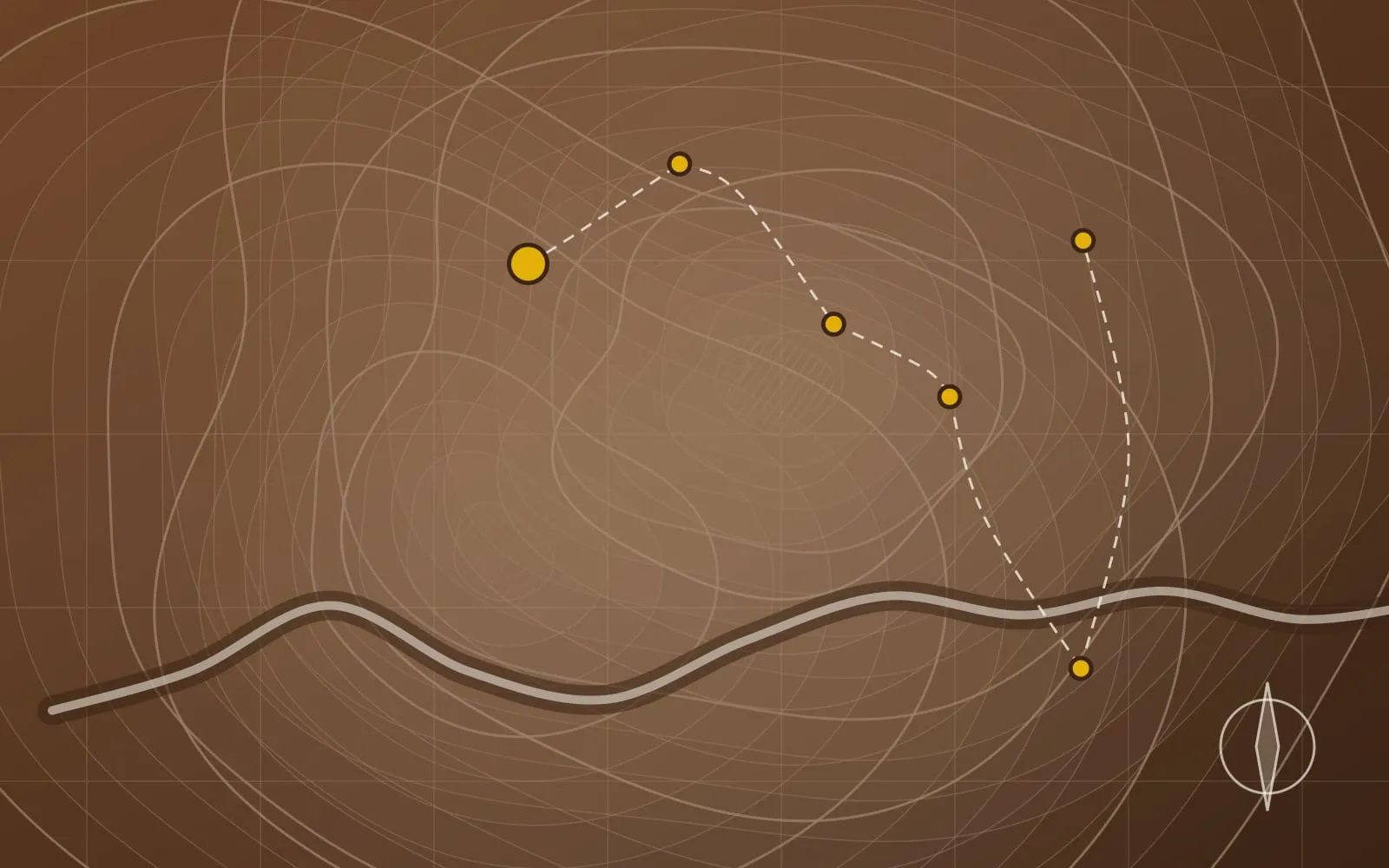 Ilustração abstrata no estilo de um mapa topográfico, com curvas de nível, um rio, uma grade de coordenadas e pontos dourados ligados por linhas