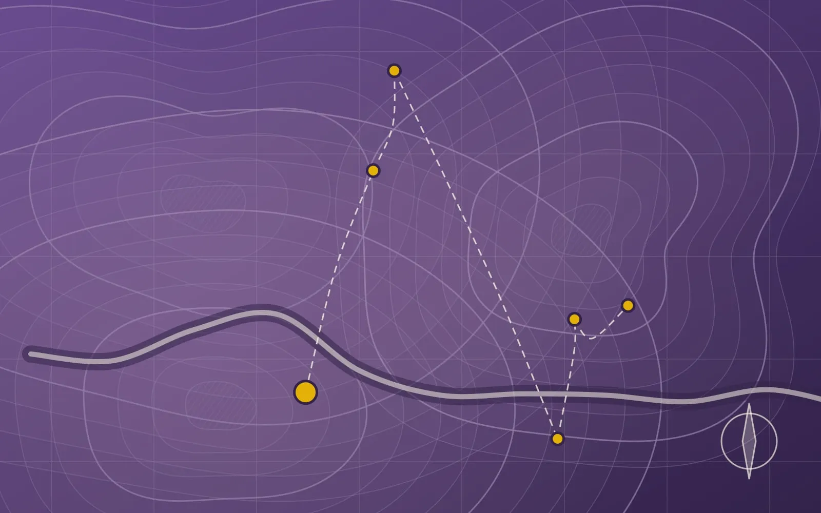 Ilustração abstrata no estilo de um mapa topográfico, com curvas de nível, um rio, uma grade de coordenadas e pontos dourados ligados por linhas
