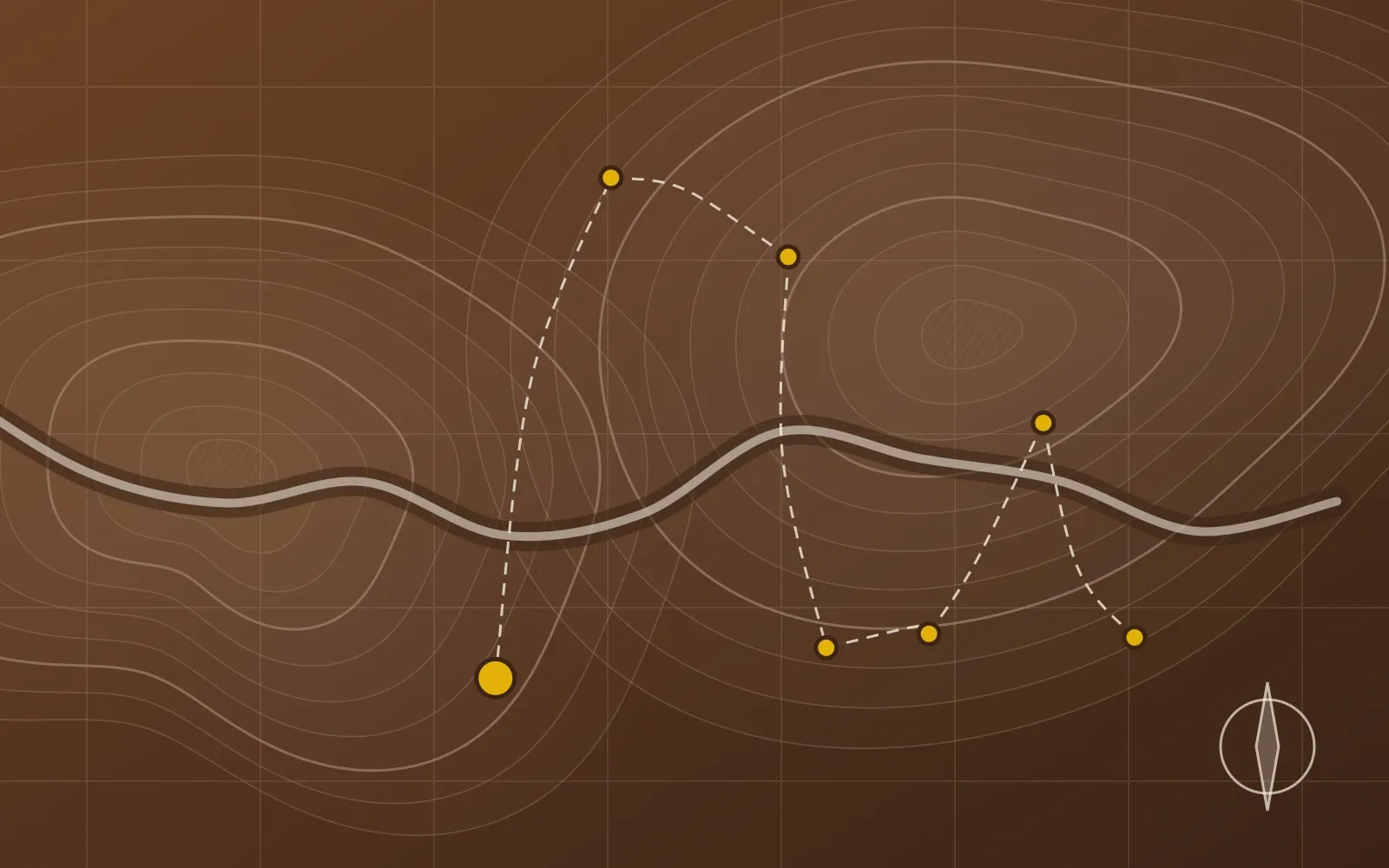 Ilustração abstrata no estilo de um mapa topográfico, com curvas de nível, um rio, uma grade de coordenadas e pontos dourados ligados por linhas