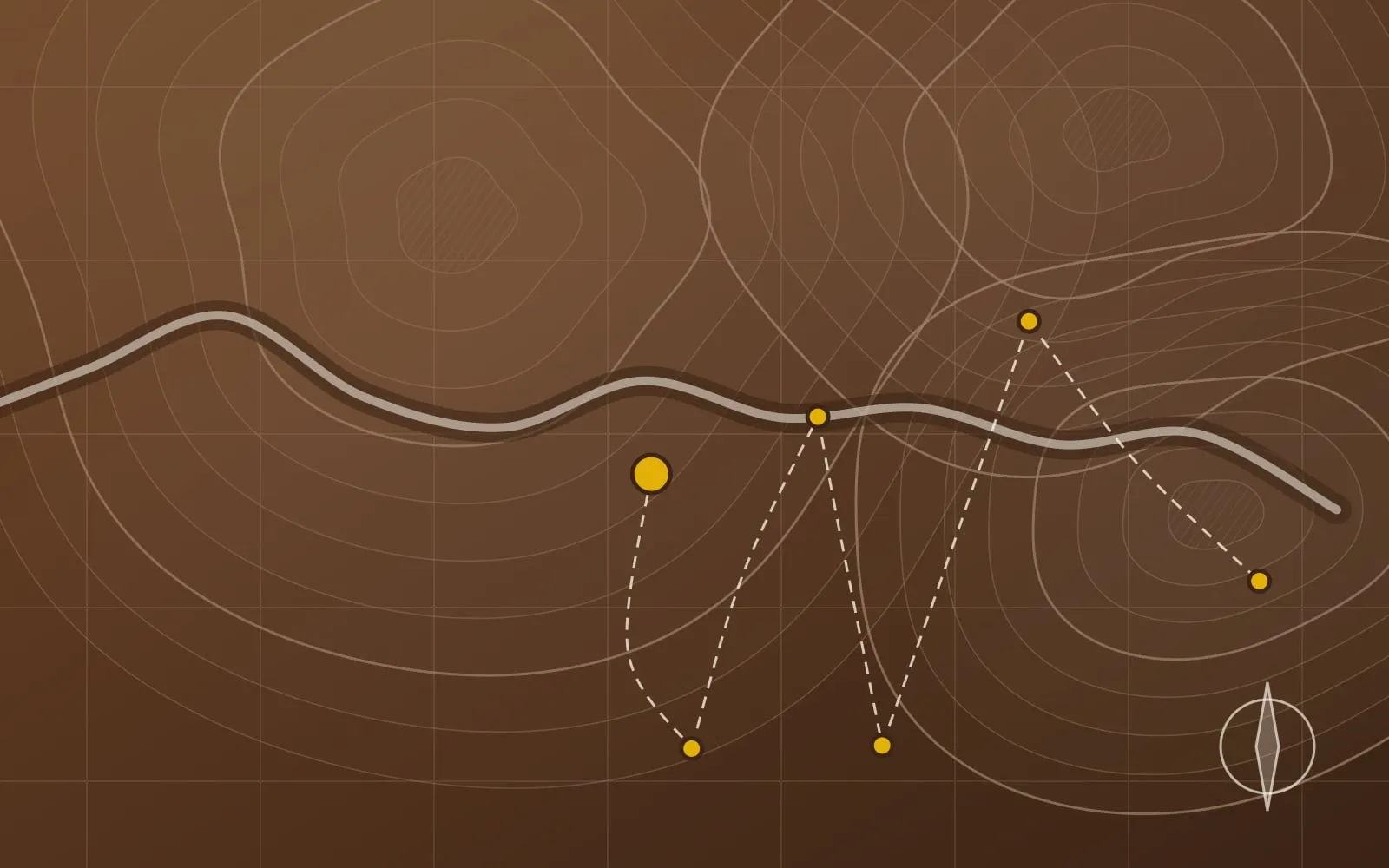 Ilustração abstrata no estilo de um mapa topográfico, com curvas de nível, um rio, uma grade de coordenadas e pontos dourados ligados por linhas