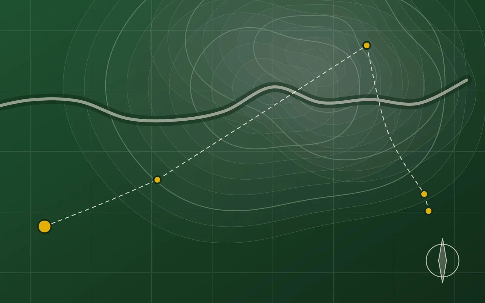 Ilustração abstrata no estilo de um mapa topográfico, com curvas de nível, um rio, uma grade de coordenadas e pontos dourados ligados por linhas