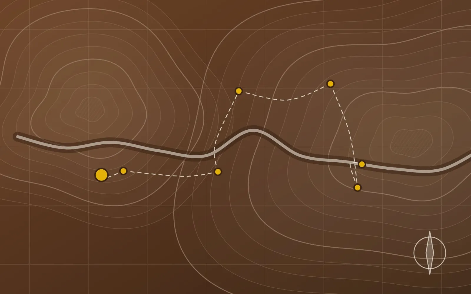 Ilustração abstrata no estilo de um mapa topográfico, com curvas de nível, um rio, uma grade de coordenadas e pontos dourados ligados por linhas