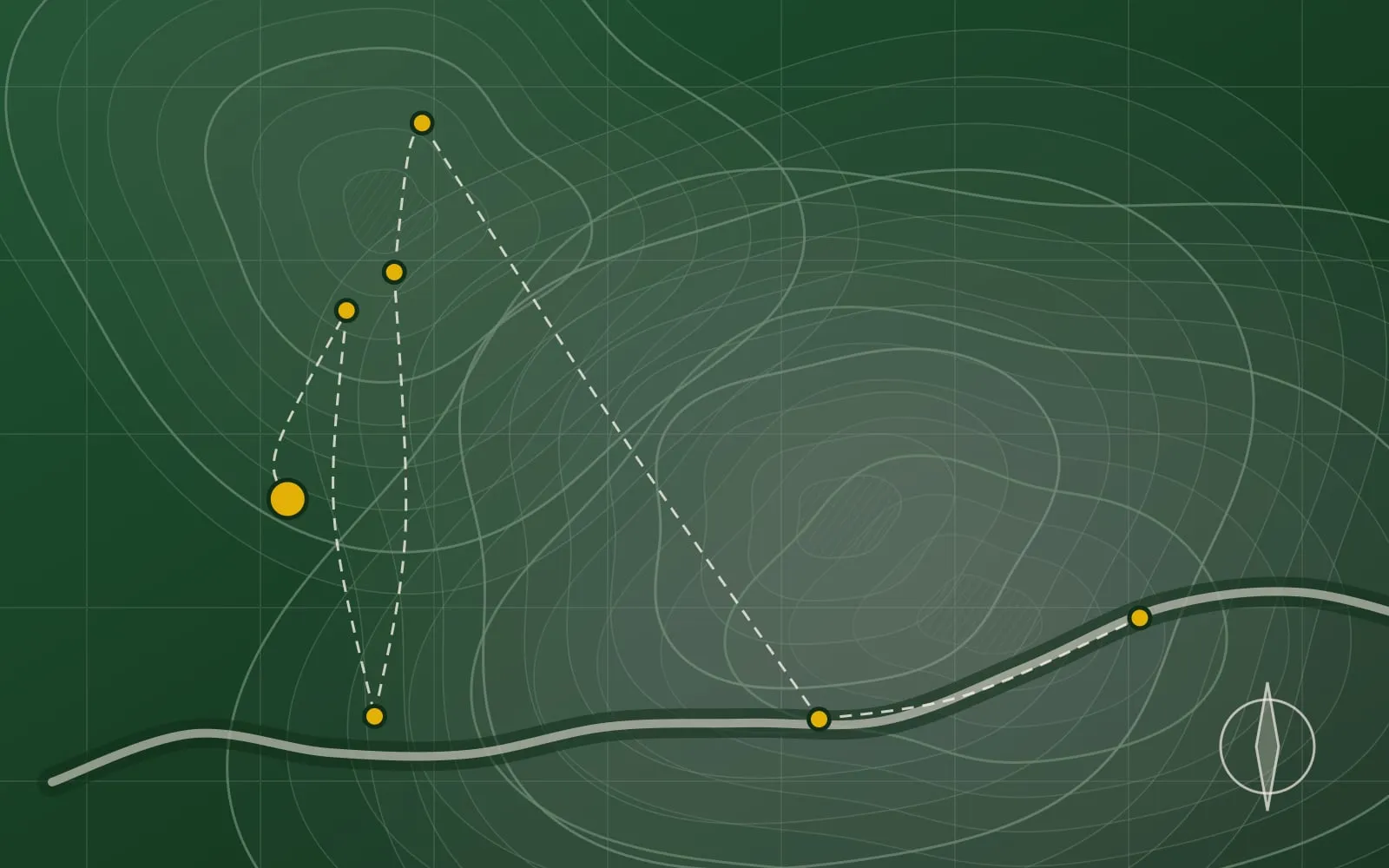 Ilustração abstrata no estilo de um mapa topográfico, com curvas de nível, um rio, uma grade de coordenadas e pontos dourados ligados por linhas